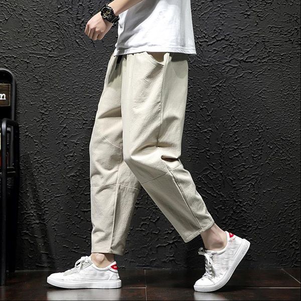 

mens straight casual ankle length pants chinese style summer male harem pants spring mens cargo pants cotton comfortable solid p, Black