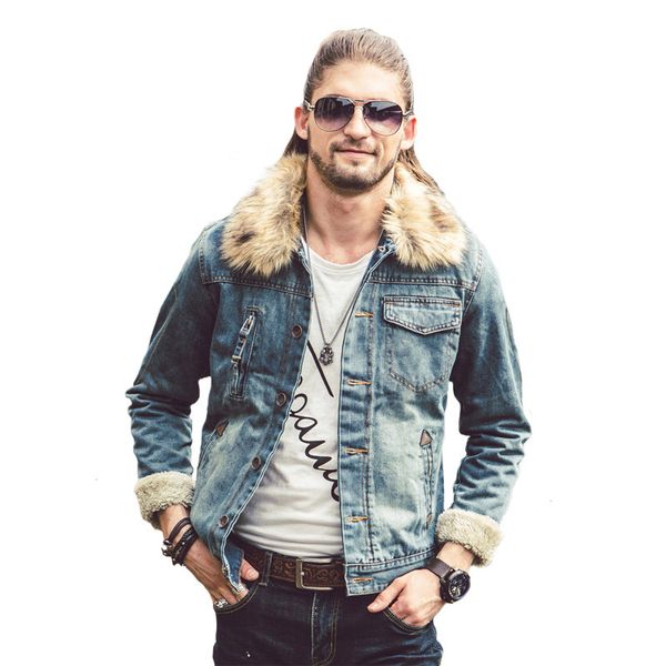 

men's clothing new vintage denim jacket plus velo thick fur collar outerwear casual fashion cowboy jackets kj5e, Black;brown