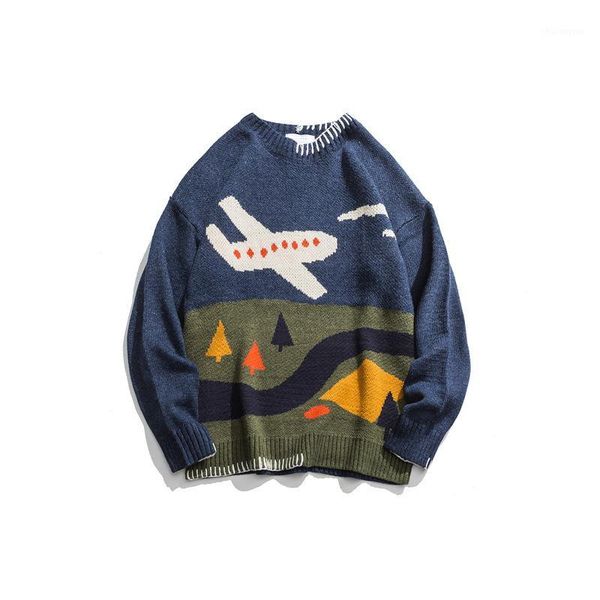 

japanese harajuku knitted color block pilot sweater for men and women knit airplane pilot pullover jumper plus size1, White;black