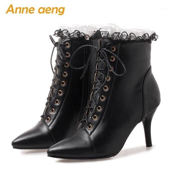 

2021 autumn winter women boots ankle high thin heels lace-up ladies warm snow boots black winter women shoes big size 33-461
