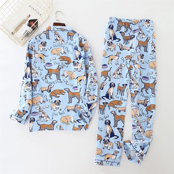 Blauer Damen-Pyjama mit süßem Hundemuster, gebürsteter Baumwolle, langärmelig, elastische Taille, Hose, Lounge-Nachtwäsche, Pyjama S80001, Y200708268l
