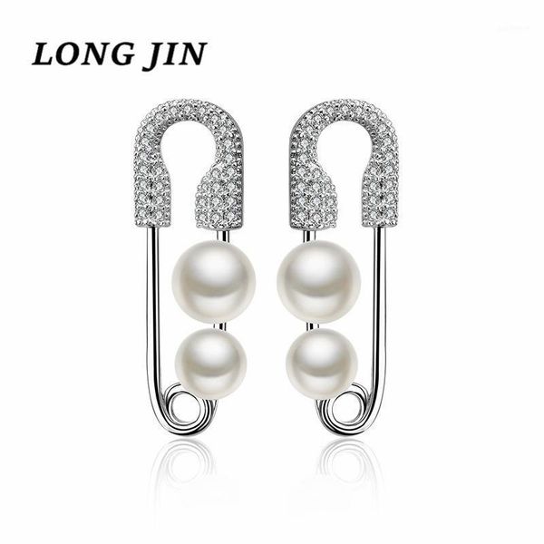 

pearl pin studs fashion korean new personality micro inlaid zircon silver color earrings jewelry zk401