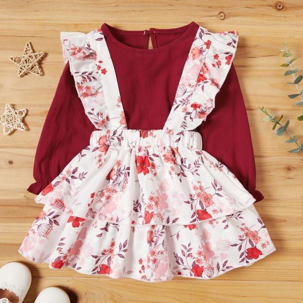 

2-piece baby / toddler solid long-sleeve and floral overalls set1, Red;yellow