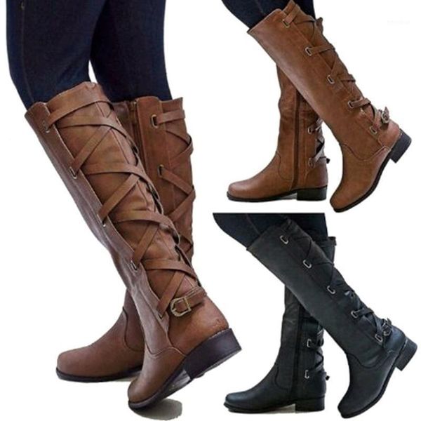 

women boots solid color pointed strappy knee-high mid heel pu motorcycle riding flat durable winter boots 5 colors 391, Black