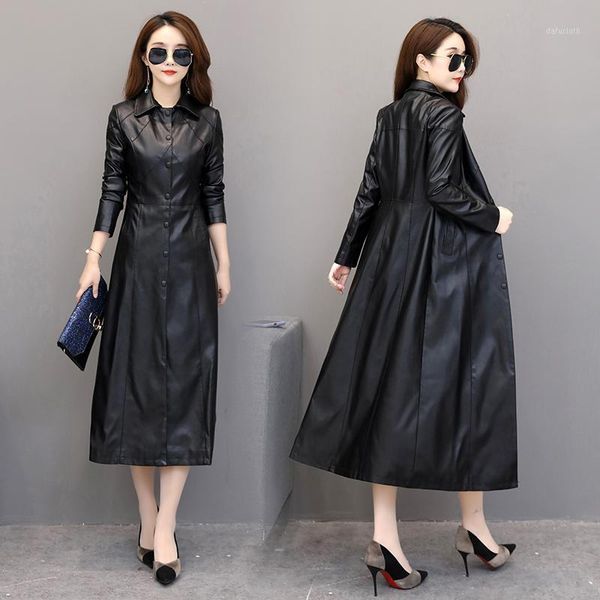 

niew women's long leather coat over knee leather windbreaker 2020 slim medium long autumn winter coat shearling jacket1, Black
