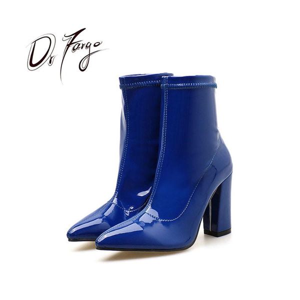 

boots drfargo spring shoes women 10cm square high heel stretch slip on ankle size 35-40 pointed toe fashion mujer zapatos 9991, Black