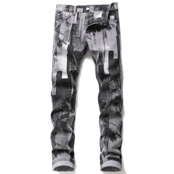 

2021 mens fashion abstract art stretch slim straight jeans teenagers digital 3d printed gray black jeans, Blue