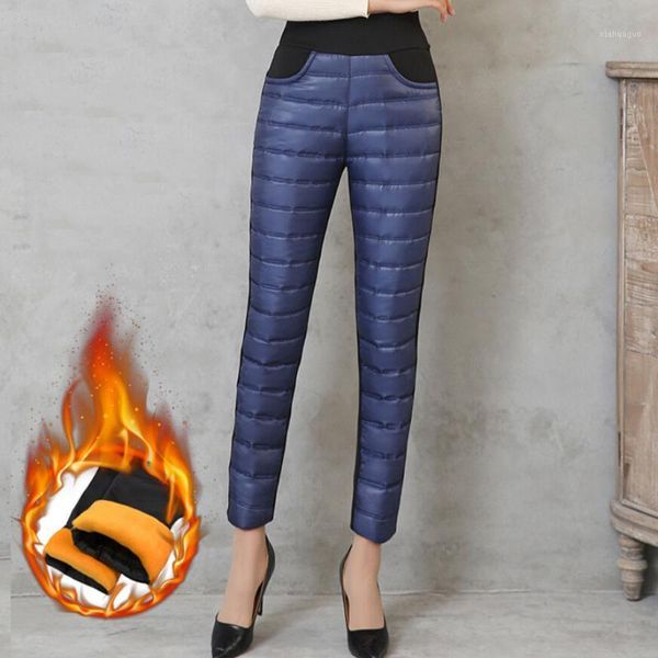 

winter pants women duck down velvet high waist skinny warm formal pants female black elastic waist work trousers women #31, Black;white