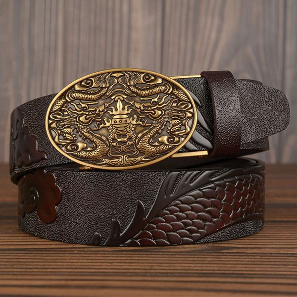 

double national grab style treasure automatic buckle men's personalized dragon carving craft real cow leather belt, Black;brown