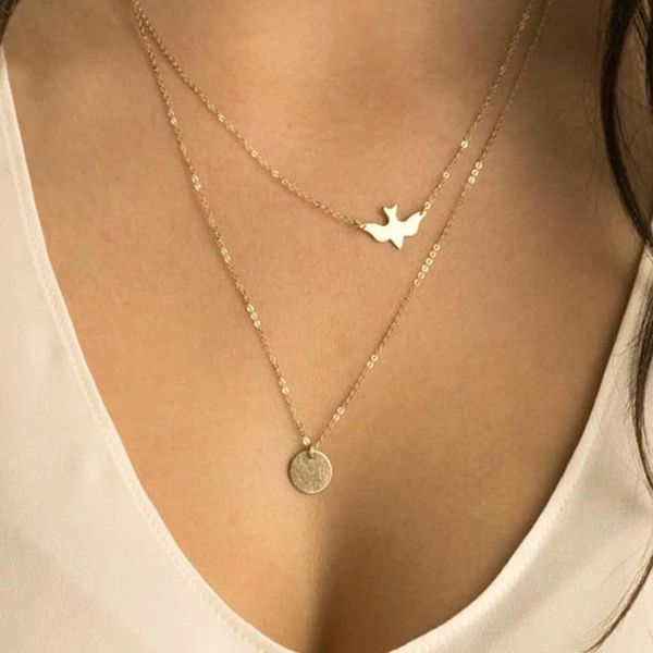 

punk multilayer necklaces for women peace pigeon birds collares minimalist jewelry circle dainty pendant necklace gift, Silver