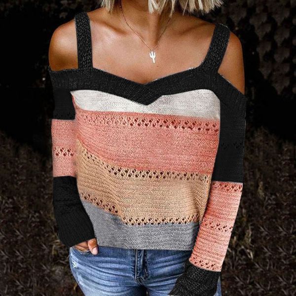 

autumn striped elegant cold shoulder knitted women jumper casual long sleeve o-neck sweater female ladies pullover, Black;brown