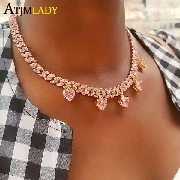 

custom pink pinky heart arrow cz cuban link chain necklace iced out bling hiphop fashion 32+10cm choker women jewelry1, Golden;silver