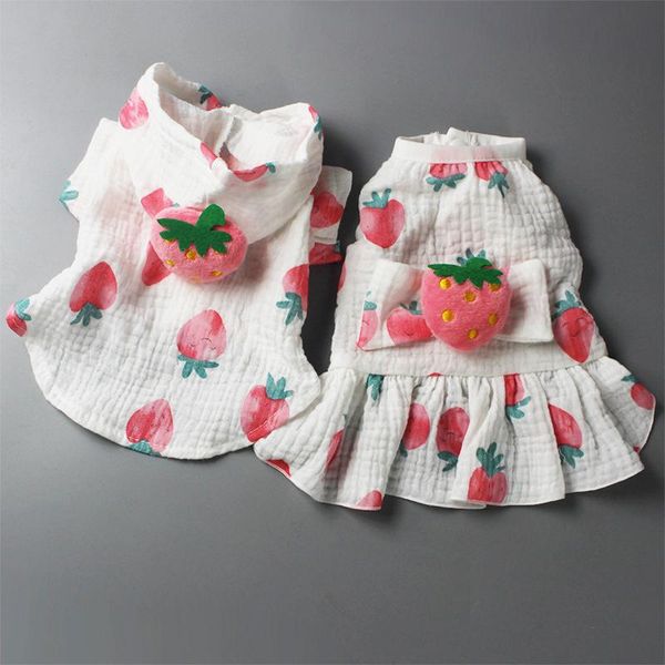 

couple wear dog clothes summer 2020 cotton gauze fabric dog shirt for small dogs 3d strawberry decoration back chihuahua dress