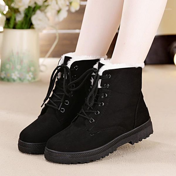 

boots winter women shoes 2021 warm fur plush insole lace-up round toe platform flat square heels ankle woman1, Black