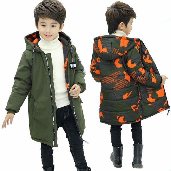

boys two sides wear jacket winter coat for boys hooded new kids camouflage thick jacket child warm cotton padded coats 201102, Blue;gray