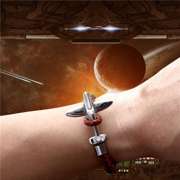 

mkendn titanium stainless steel airplane anchor bracelets men multilayer braid genuine leather bracelet women friendship gifts wmtkcb
