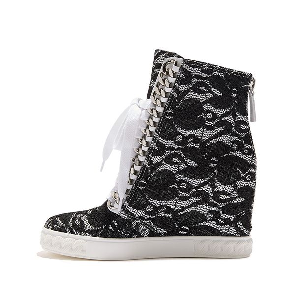 Black Flower Lace Metal Silver Chains Botas de tornozelo Atadura para cima Sneaker Altura Aumentada Única Sola Mulheres Redonda Toe Zipper Woman Sapatos