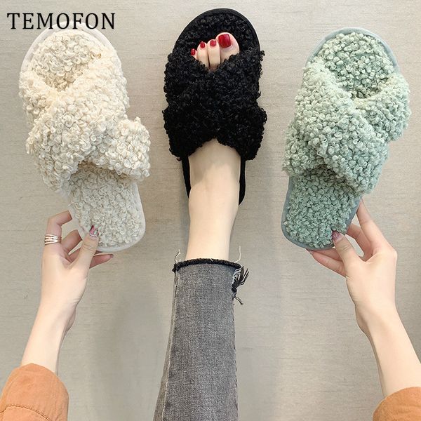 

temofon women home furry slippers winter warm shoes flats indoor bedroom cross cross fox fur slippers female flip flops hvt1515 x1020, Black