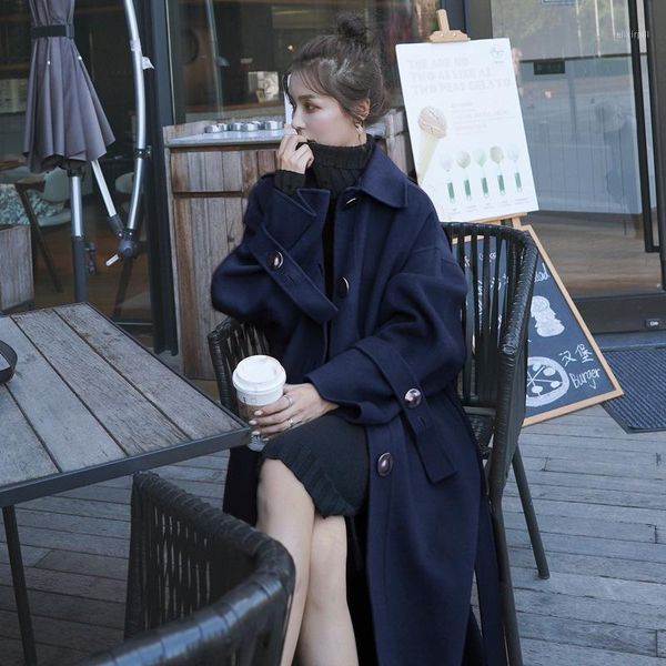 

woolen coat women's mid-length 2020 autumn and winter new korean style loose thickened knee-length popular waist slim coat1, Black