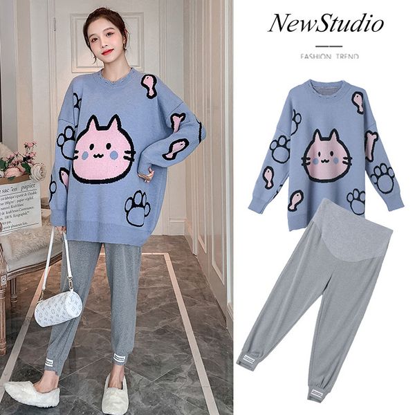 

pregnant women's sweater medium long style going out clothes two piece autumn and winter loose fashion mom suit, White