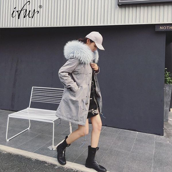 

ifur winter women warm trench coat with big raccoon fur collar 2020 new fashion lady casual long clothing zipper crj009, Tan;black