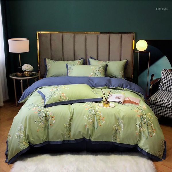 

green egyptian cotton bedsheet flower pastoral duvet cover bed linen flat sheets  king size hometexitle for bedding room1