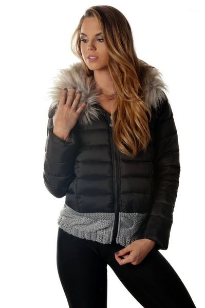

quality jacket-women winter with knitted hood long sleeve cruelty-material women's alternative down jacket with fur collar1, Black