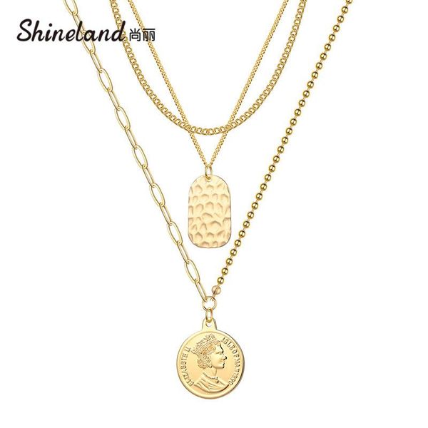 

shineland punk vintage multi-layer coin chain choker necklace for women fashion portrait gold color pendant bijoux jewelry gift, Silver