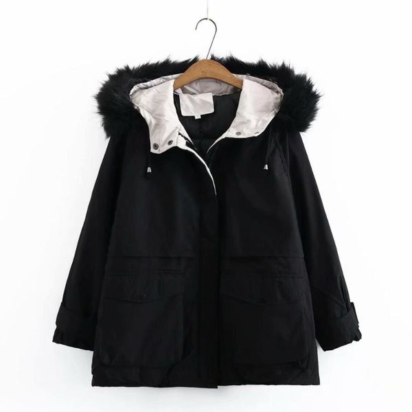 

cthink good quality winter plus size thicken warm parka women fashion hooded fur collar casual women's jacket solid outerwear, Black