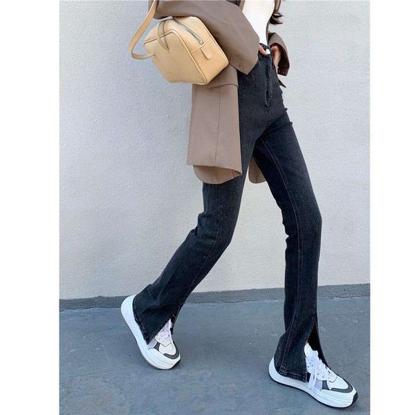 

high waist jeans women's autumn winter new design sense and slim split versatile casual mopping pants fashion, Blue