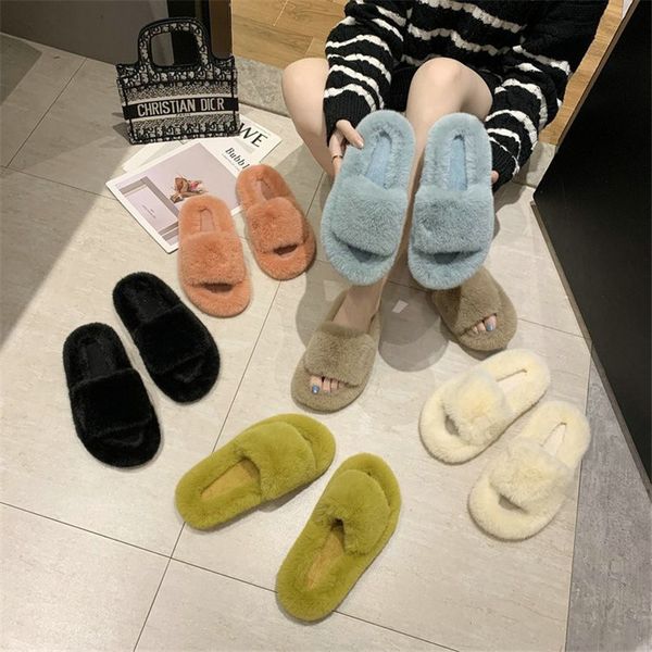 

2020 new faux fur slippers women autumn and winter open-toed lazy rabbit fur cotton slippers women's shoes y1202, Black