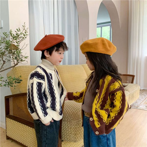 

girls 2020 winter new korean edition boys and vertical cardigan thickened children's single breasted sweater coat, Blue