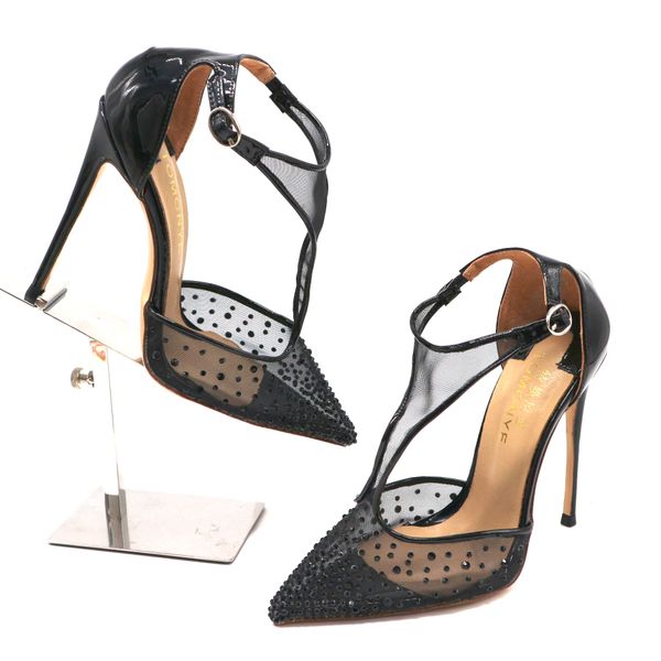 

fashion designer pumps pointy toe heels black crystal rhinestone mesh gauze t strap with black patent leather women lady 12cm