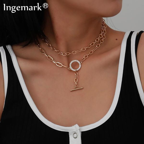 

pendant necklaces goth iron chain toggle clasp necklace women collar punk crystal rhinestone lariat circle choker jewelry, Silver