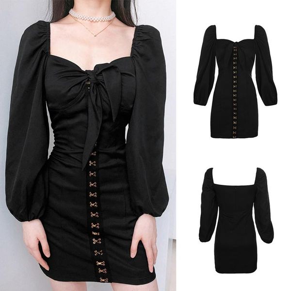 

fashion trendy bowknot hollow chest-shaped puff sleeve tight-fitting hip dress autumn, Black;gray