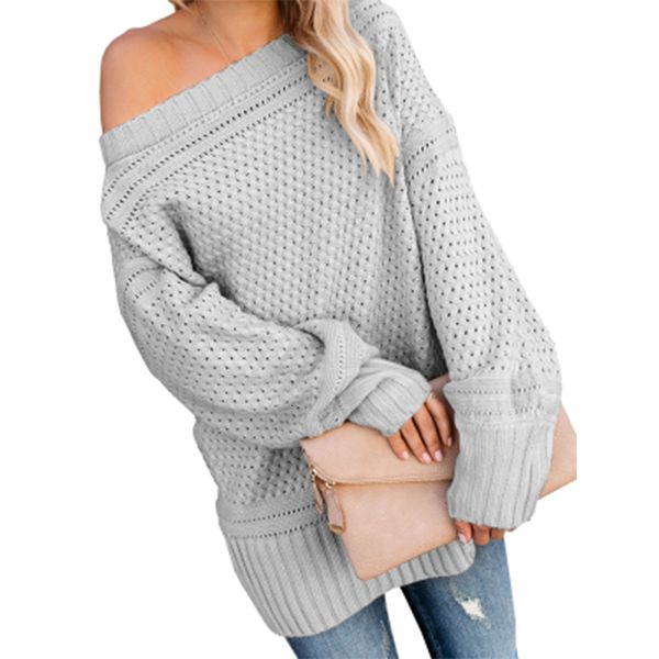 

2021 new autumn winter women's fashion casual office style slash neck sweaters solid loose jumpers pullovers for women, White;black