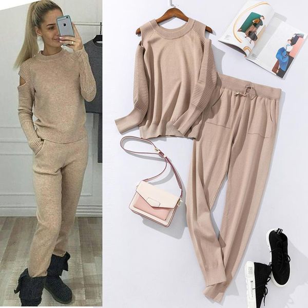 

2020 fashion women sweater customes sets spring autumn 100% cotton thick soft long pant knitted sets casual 2pcs track suits1, White