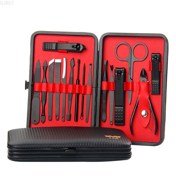 

16pcs pedicure manicure set kit black nail clippers care tools men women stainless steel cutter scissor with pu leather case for travel home