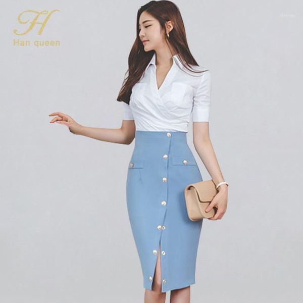 

h han queen women's 2 pieces suits white short sleeve shirt crop + single-breasted split sheath pencil skirt occupation set1