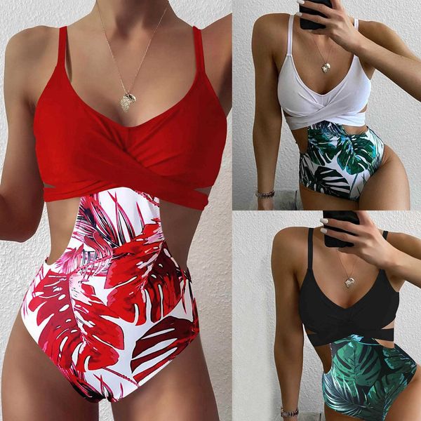 

leaf printed one-piece bikini women's swimwear 2021 summer swimming pool beachwear female bathing suit women biquini swimsuit, White;black