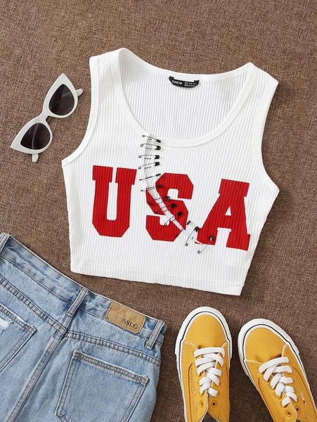 

pin front letter graphic crop tank r07z#, White
