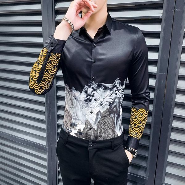 

gzdeerax long sleeve mens shirts luxury mountains design printed party male shirts plus size 4xl fashion slim fit man1, White;black
