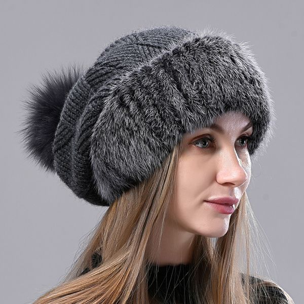 

raposa pompom de vison chapu do inverno outono quente chapus pele reais para mulheres malha beanie caps elegante feminino grils, Blue;gray