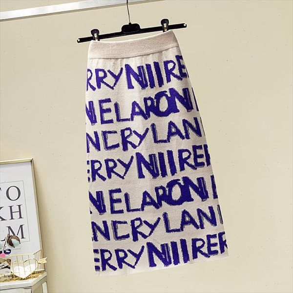 

2021 autumn amp winter new arrival knitted skirt letter print slim mid length skirt high waist elastic skirt ing, Black