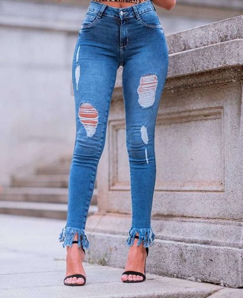 

spring 2020 denim new hole high waist jeans slim legged pants, Blue