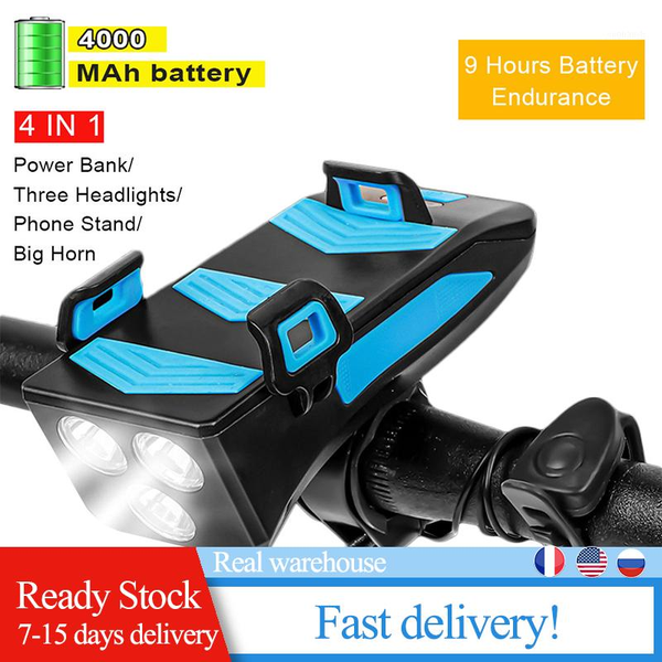 

bike light usb rechargeable 4 in 1 three-head multifunctional bicycle headlight mobile phone holder bicycle bell mobile power1