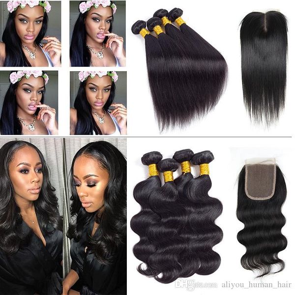 

9a virgin brazilian hair body wave straight with closure indian peruvian straight body wave human hair bundles with lace weaves closure, Black;brown