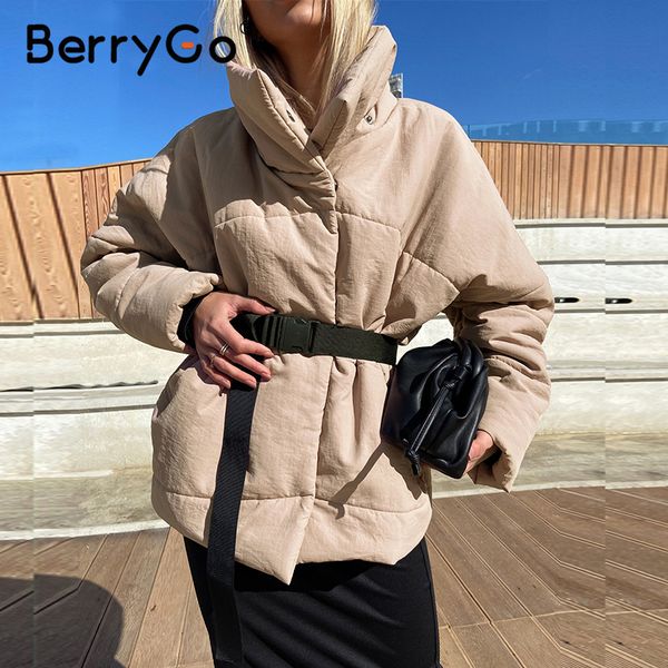 

berrygo warm winter coat jacket women parka casual sashes new design with pocket overcoat stand collar khaki short coat female 201029, Black