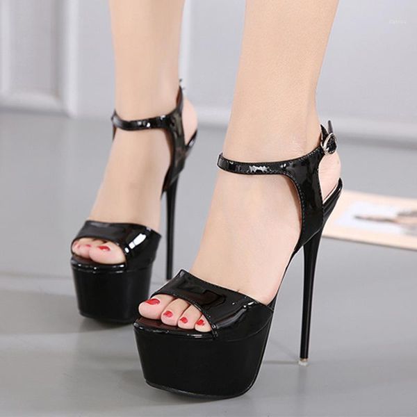 

sandals 2021 summer s fashion 16cm high heels women open toe buckles nightclub stripper shoe big size 34-451, Black