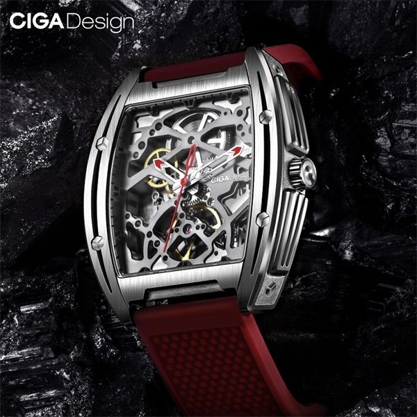 

ciga design automatic mechanical watch food-grade silicone strap skeleton wristwatch hollow leather strap watch q1129, Slivery;brown
